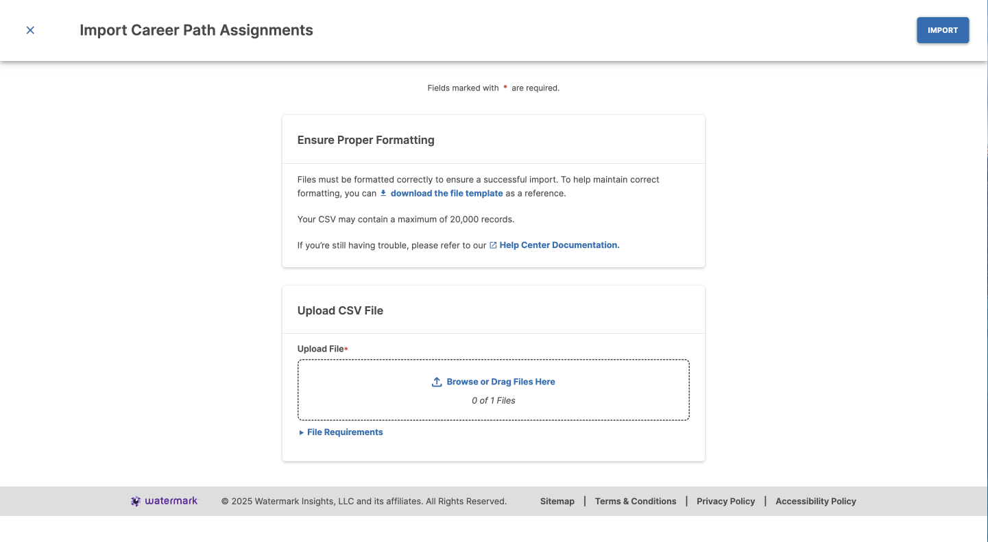 The Import Career Path Assignments page showing instructions to ensure proper CSV formatting and an Upload CSV File section with a Browse or Drag Files Here area and an Import button in the top-right.