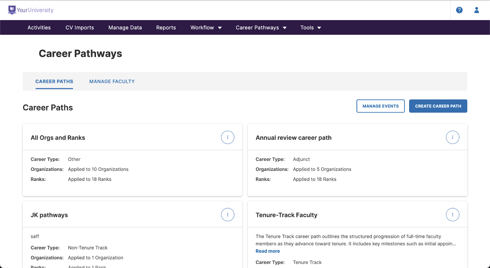 The Career Pathways page showing the Career Paths tab selected, with options to Manage Events and Create Career Path, and a list of career path cards including All Orgs and Ranks, Annual review career path, JK pathways, and Tenure-Track Faculty.