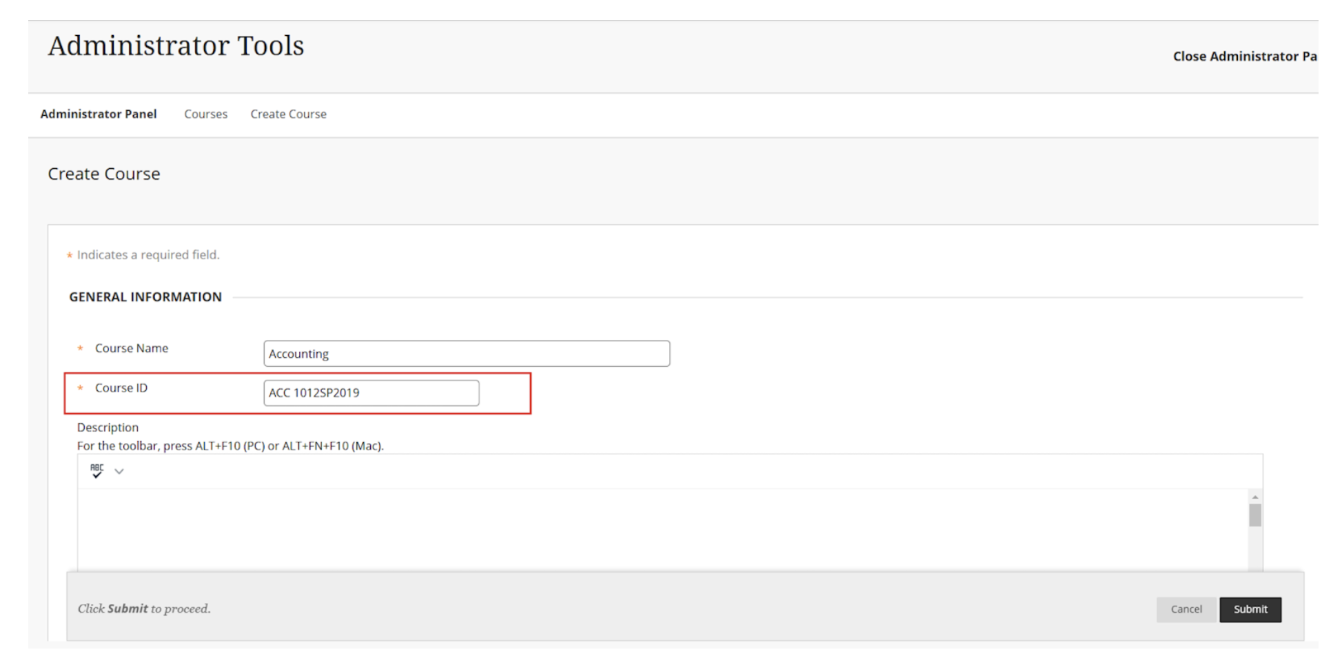 The course creation page showing where an administrator enters the course name and ID before submitting the new course.