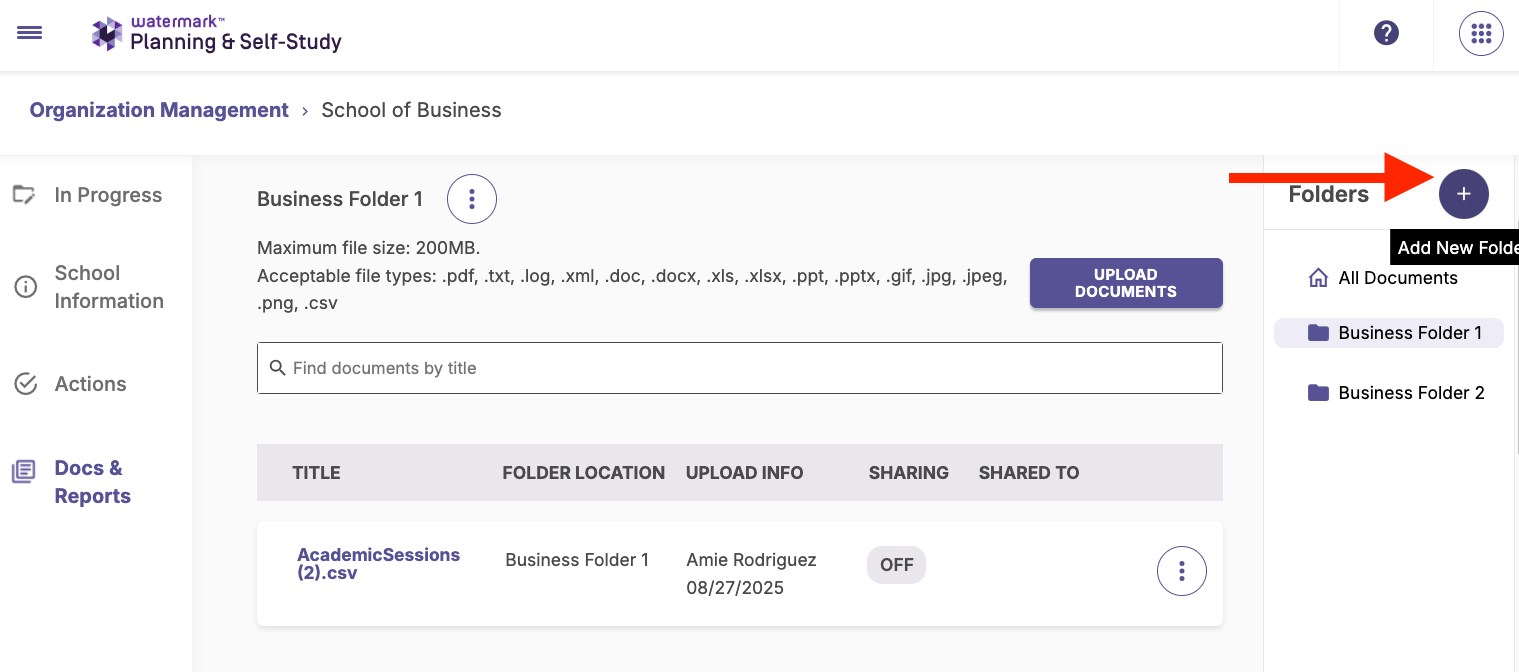The Business Folder 1 section showing one uploaded file listed with title, folder location, upload info, sharing toggle, and options menu. The Folders panel on the right showing All Documents, Business Folder 1, and Business Folder 2 with an Add New Folder button at the top.