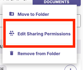 The file options menu showing highlighted Edit Sharing Permissions between Move to Folder and Remove from Folder.