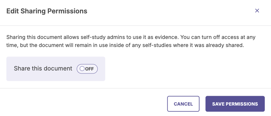 The Edit Sharing Permissions window showing a toggle for sharing the document, explanatory text, and Cancel and Save Permissions buttons.