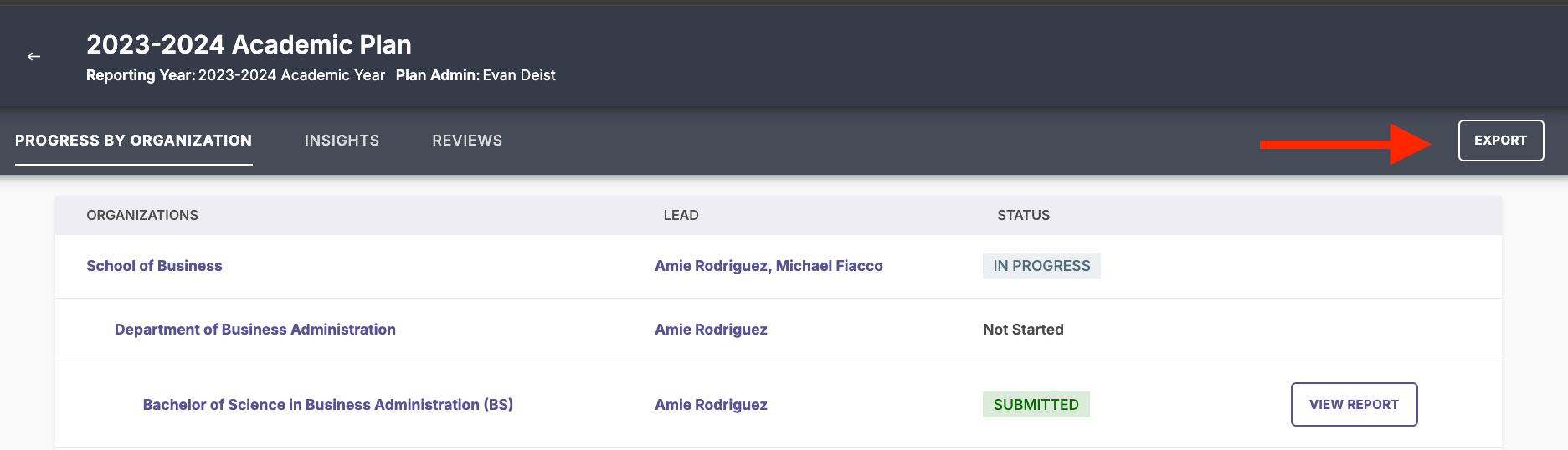 A 2023–2024 Academic Plan page showing the Progress by Organization tab with a table of organizations, leads, and status labels, with the Export button highlighted.