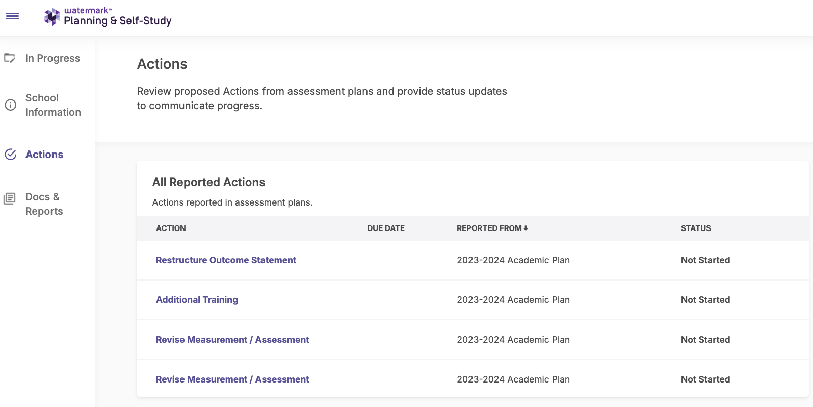 An actions page showing a list of reported actions from assessment plans, including action titles, due dates, reported‑from details, and status labels.