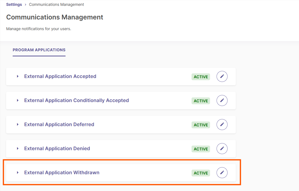 The Communications Management page showing program application notification types, with 'External Application Withdrawn' highlighted.