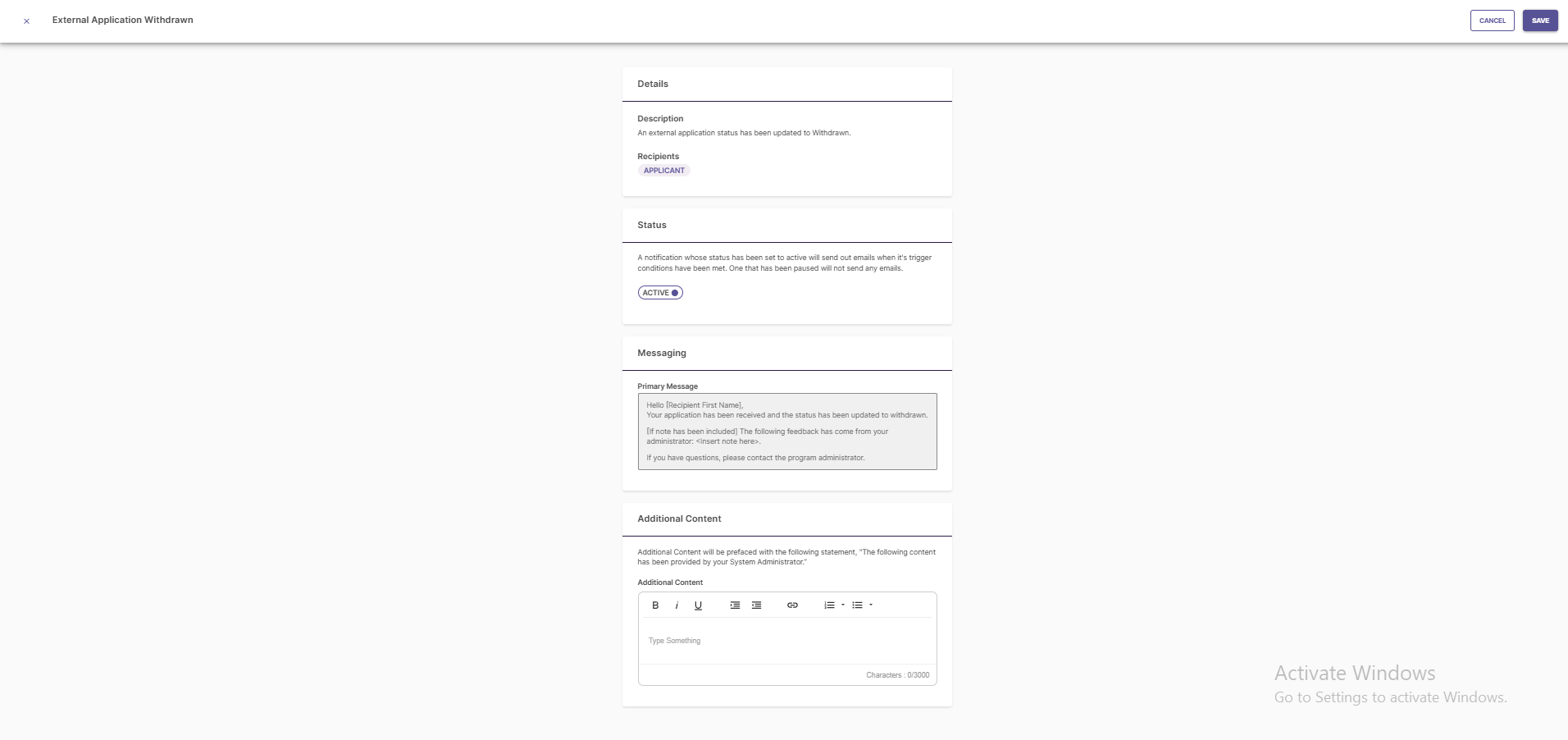 The External Application Withdrawn notification details page, showing sections for description, status, messaging and additional content.