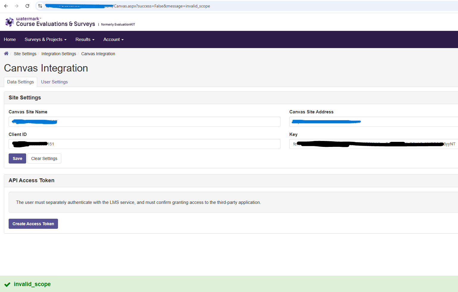 The Canvas Integration page showing site settings and API access token options, with an 'invalid_scope' error message displayed at the bottom.