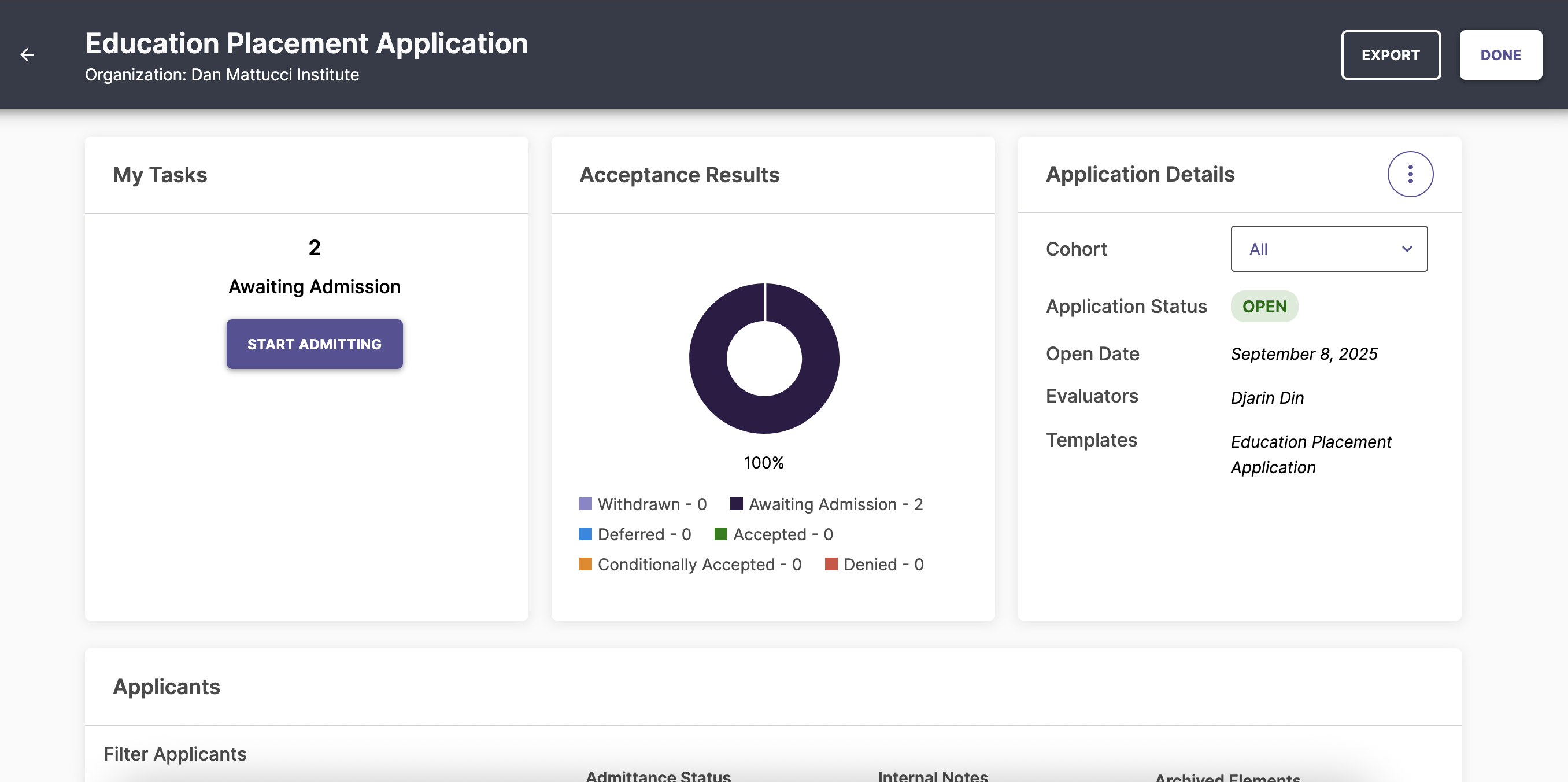The application dashboard page showing admission tasks, acceptance results, and application details, with options to export data or mark the review as done.