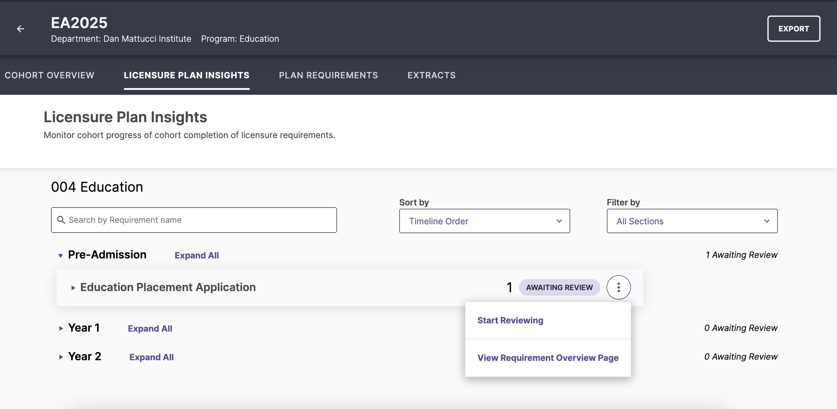 The 'Licensure Plan Insights' with an application listed. An overflow menu with 'Start Reviewing' and 'View Requirement Overview Page' is displayed.