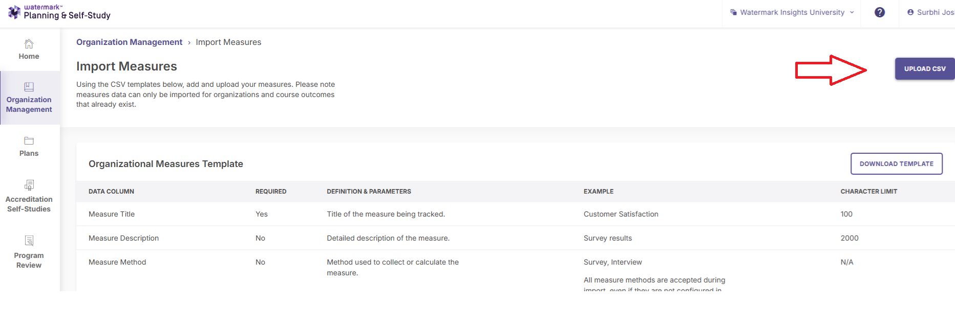 The Organization Management page highlighting the 'Upload CSV' option under import measures.