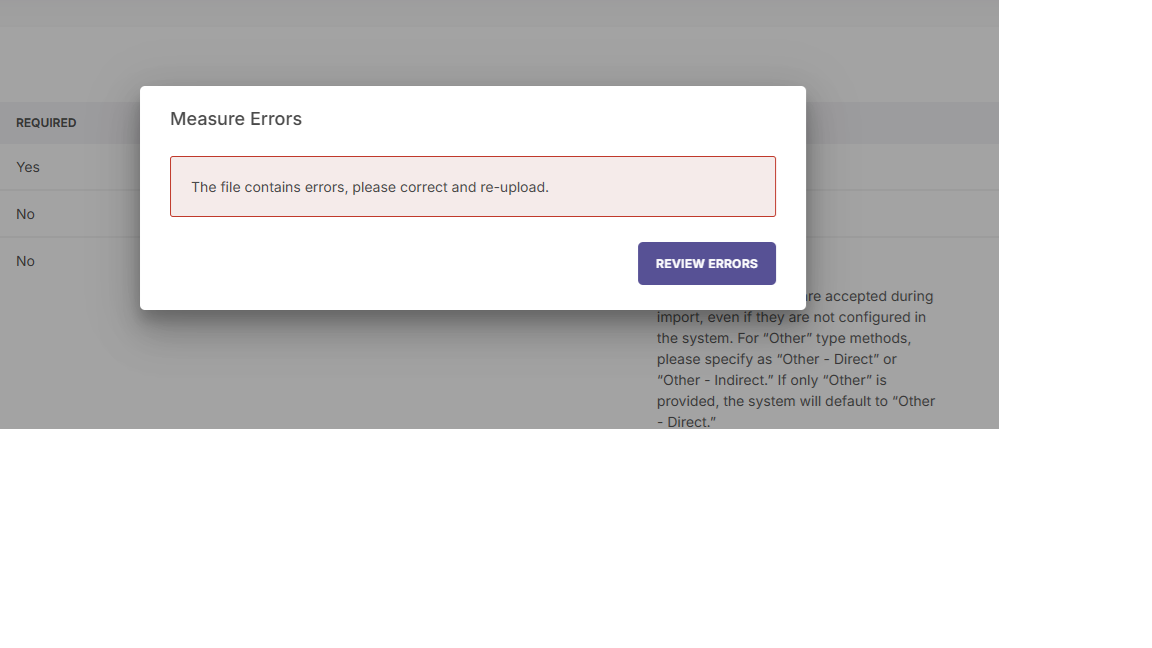 The Measure Errors pop-up window with a 'Review Errors' option.