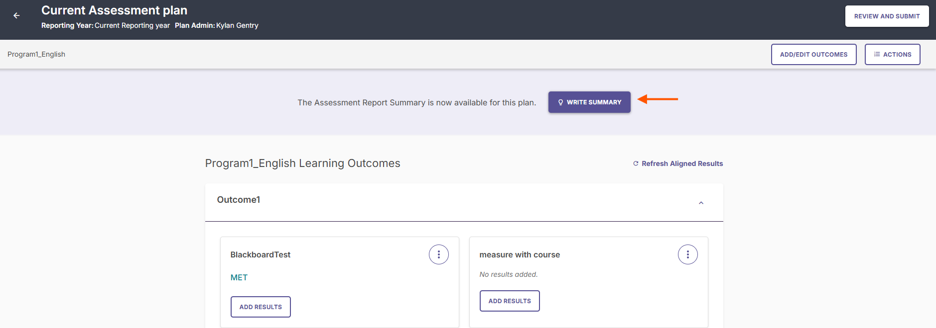 The Current Assessment Plan page highlighting the 'Write Summary' option.