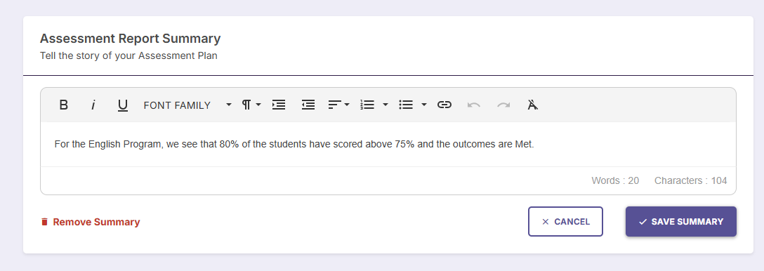 The Summary Editor showing Cancel, Save Summary, and Remove Summary options.