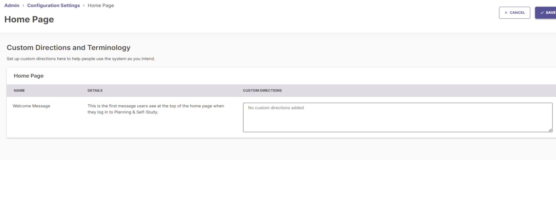The Custom Directions and Terminology section in the home page showing a text field for typing a welcome message.