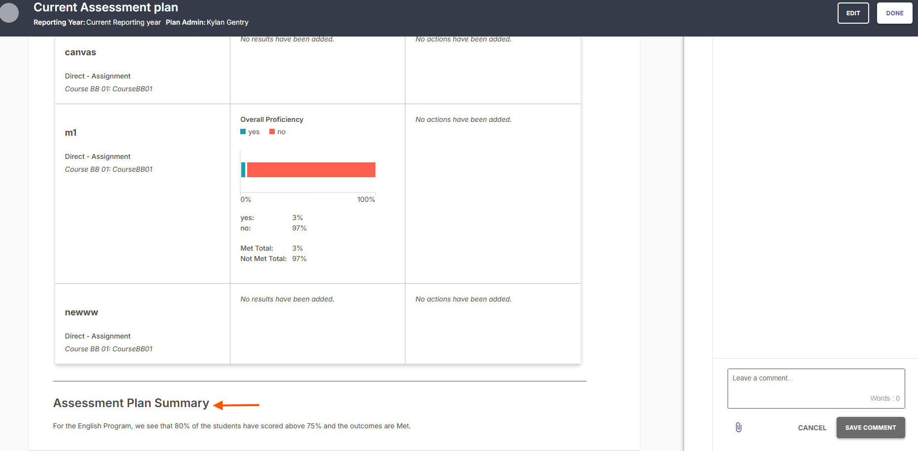 The Current Assessment Plan page highlighting the 'Assessment Plan Summary' section.