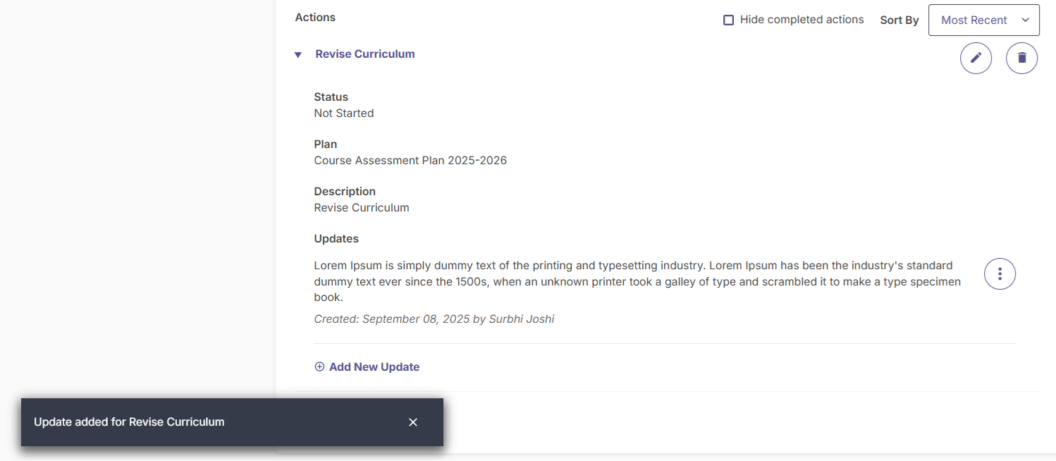 The course plan action page showing an update, along with the creation date and the name of the person who added the update.