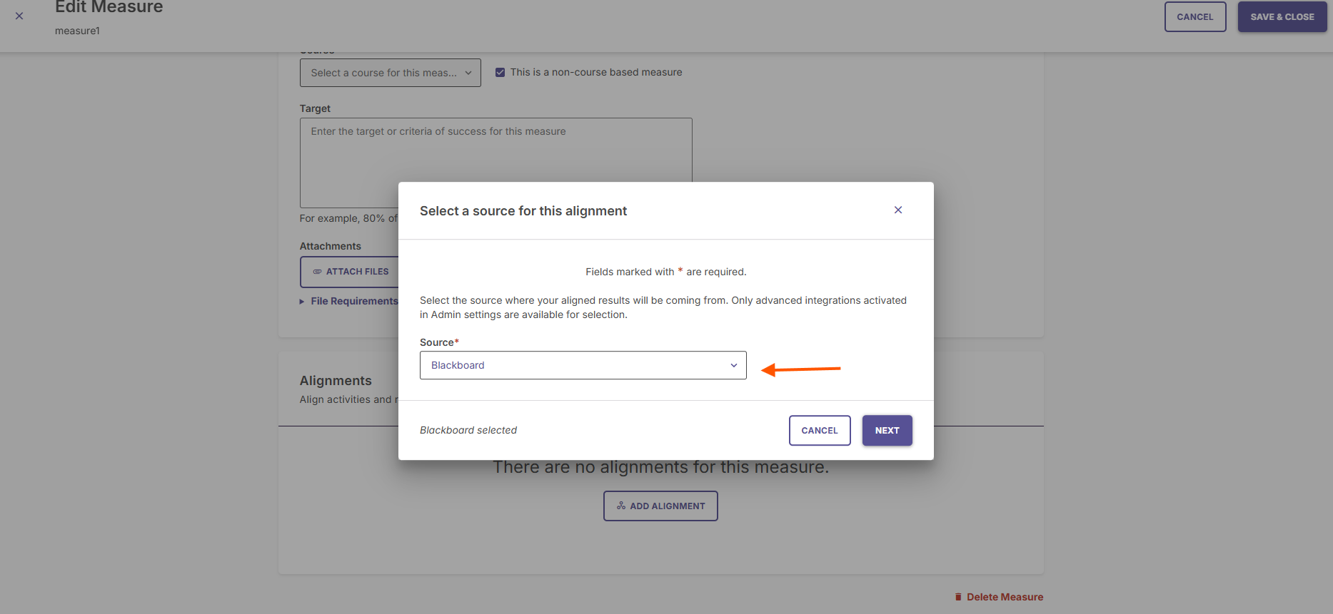 A pop-up window prompting to select a source for the alignment, with the source selected as 'Blackboard' from the dropdown menu.