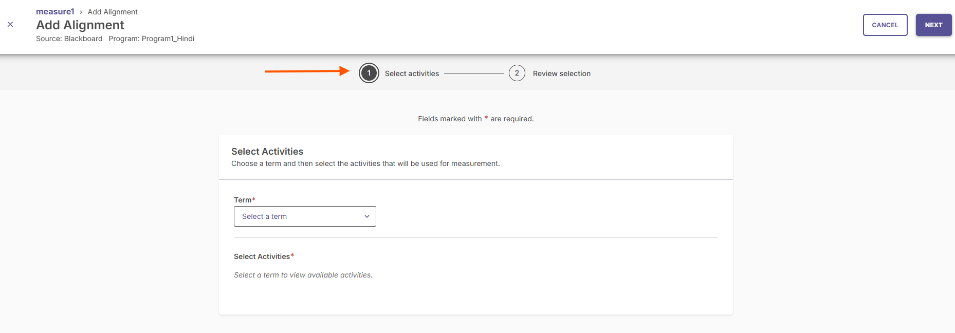 The Select Activity page showing a dropdown menu for selecting a term.