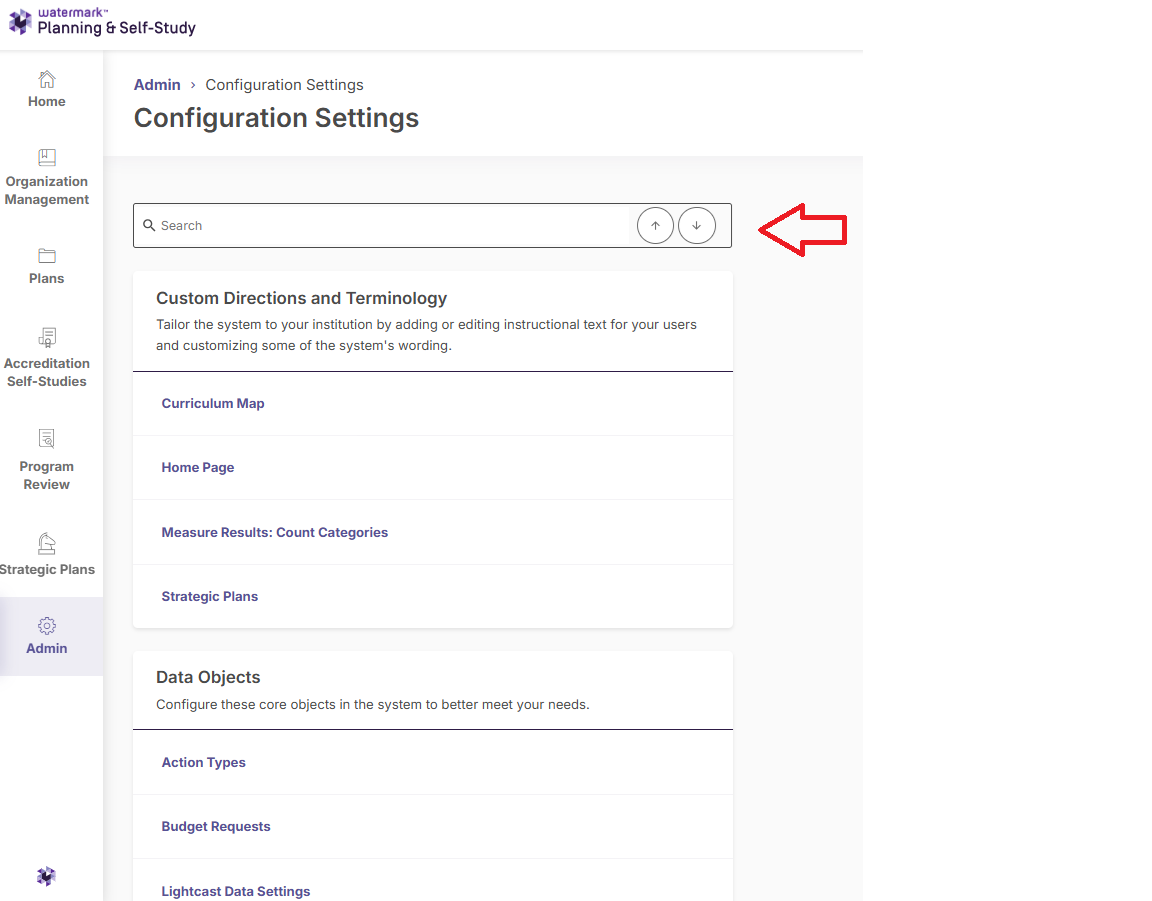 The Configuration Settings on the admin page highlighting the search bar.