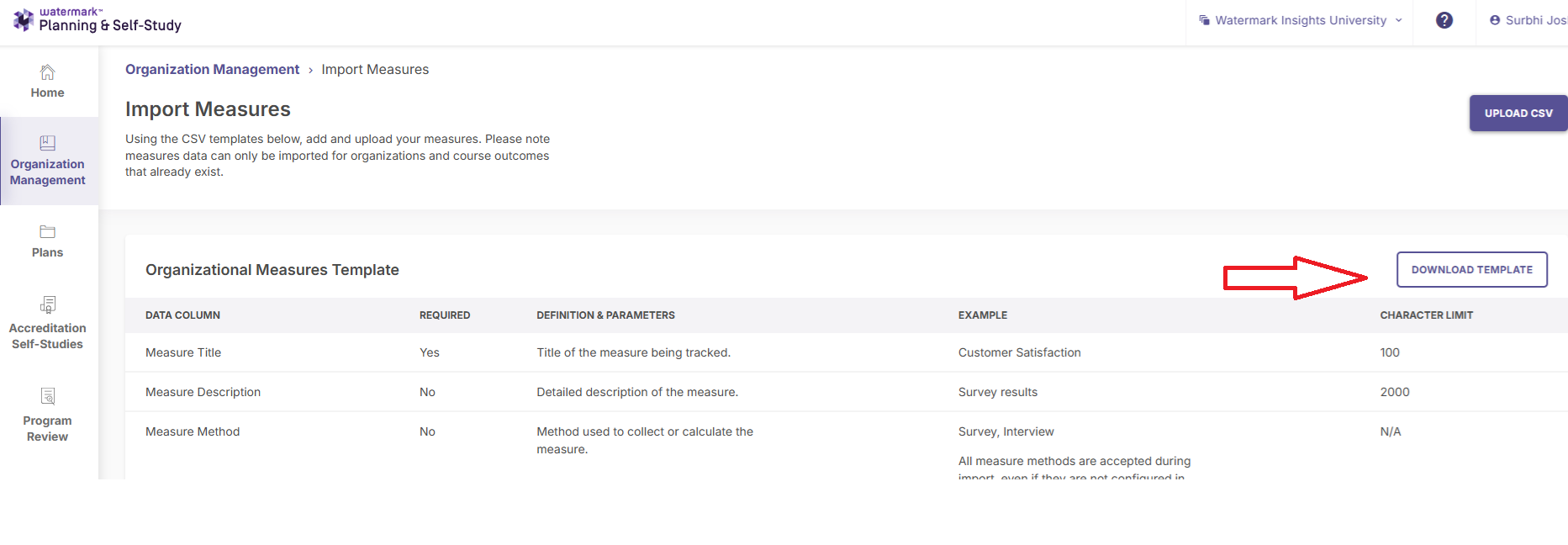 The import measures page showing the organizational measures template with an option to download the template highlighted for users preparing data for upload.
