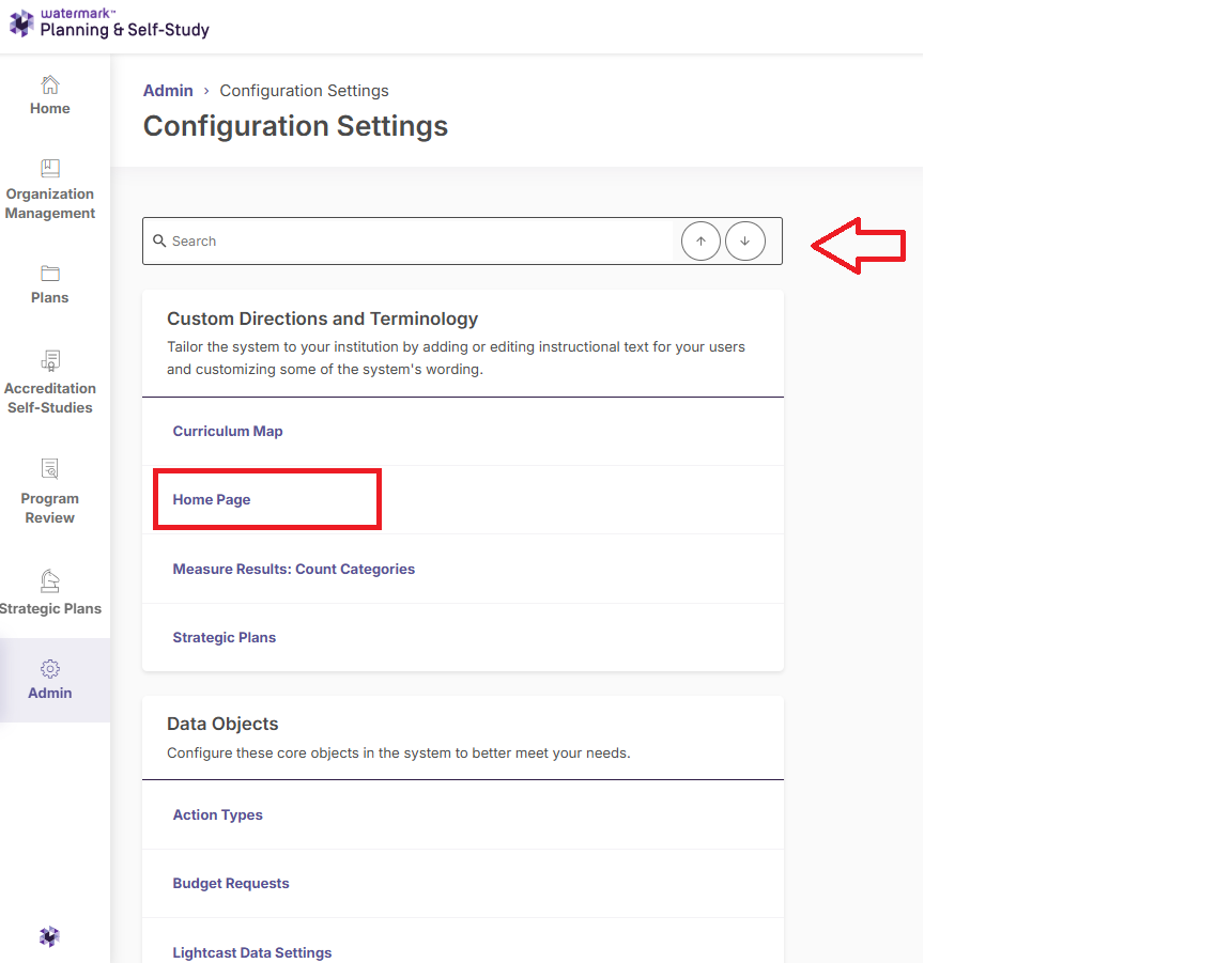 The Configuration Settings page showing a search bar with navigation arrows and a list of customizable system areas, including the Home Page option.