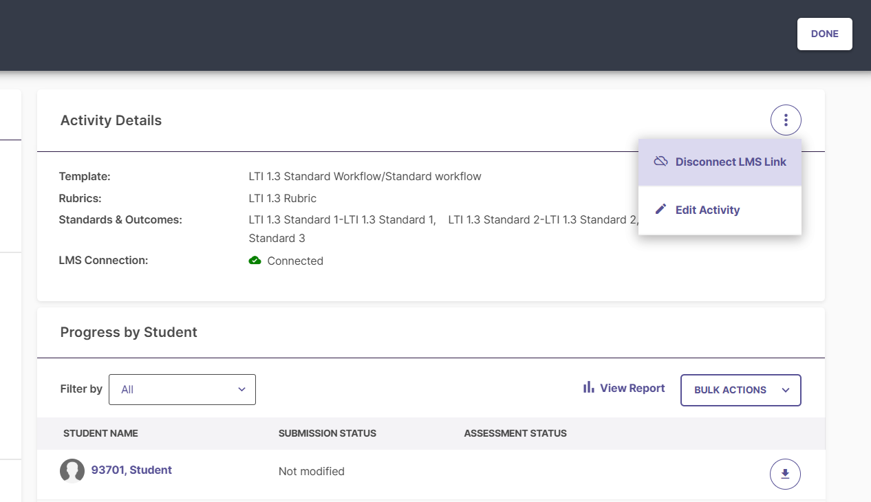 The Activity Details page showing template and rubric information, LMS connection status as Connected, and the options menu with Disconnect LMS Link and Edit Activity displayed.