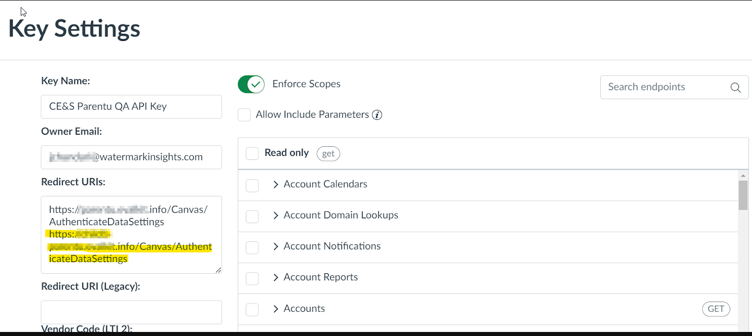 The Key Settings page showing an API configuration form with redirect URLs highlighted and the 'Enforce Scopes' option enabled above a list of selectable permissions.