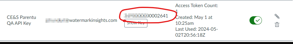The API key listing showing a blurred key value circled alongside details such as access token count, creation time, and last used date.