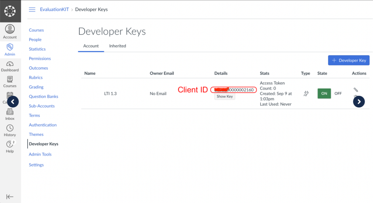 The Developer Keys page showing one key entry for LTI 1.3 with columns for Name, Owner Email, Details, Stats, Type, State, and Actions. The Client ID area in the Details column highlighted, with a Show Key button displayed in the same row.