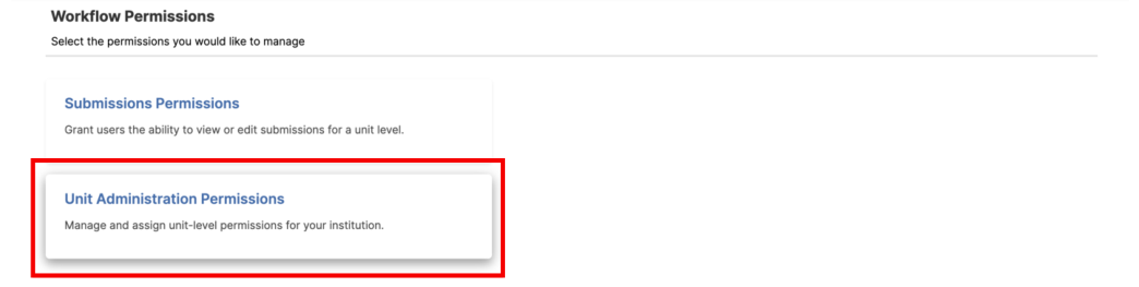 The Workflow Permissions page highlighting the 'Unit Administration Permissions' category.