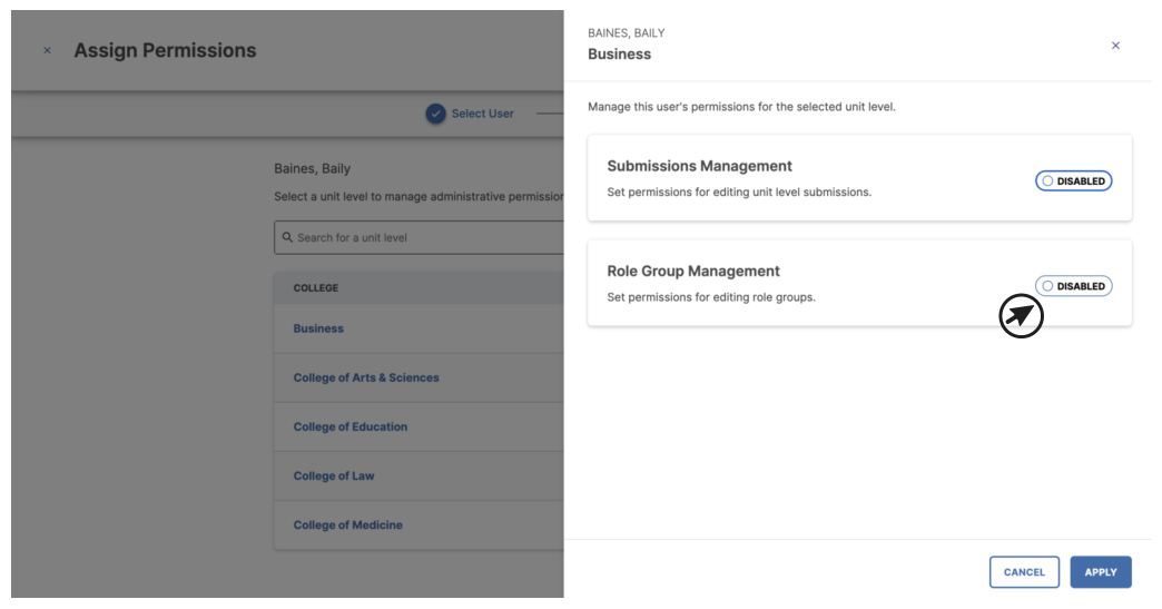 The page assigning unit level administrative permissions to Bailey Banes highlighting that 'Role Group Management' is disabled and the changes are applied.