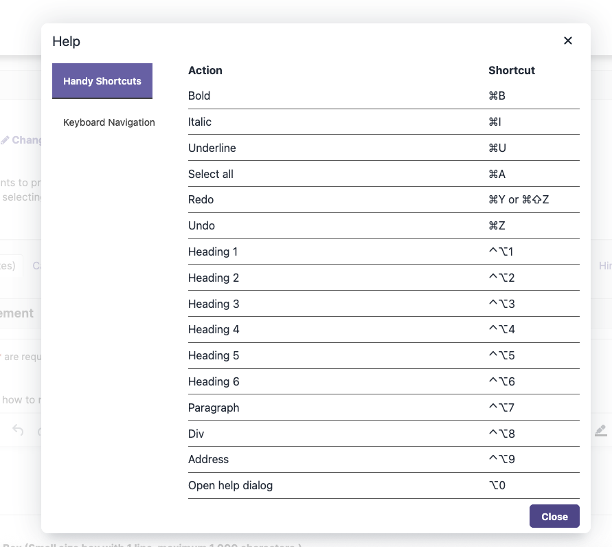 The Help pop-up window highlighting the 'Handy Shortcuts' option, which shows the actions and their corresponding shortcuts in a table structure.