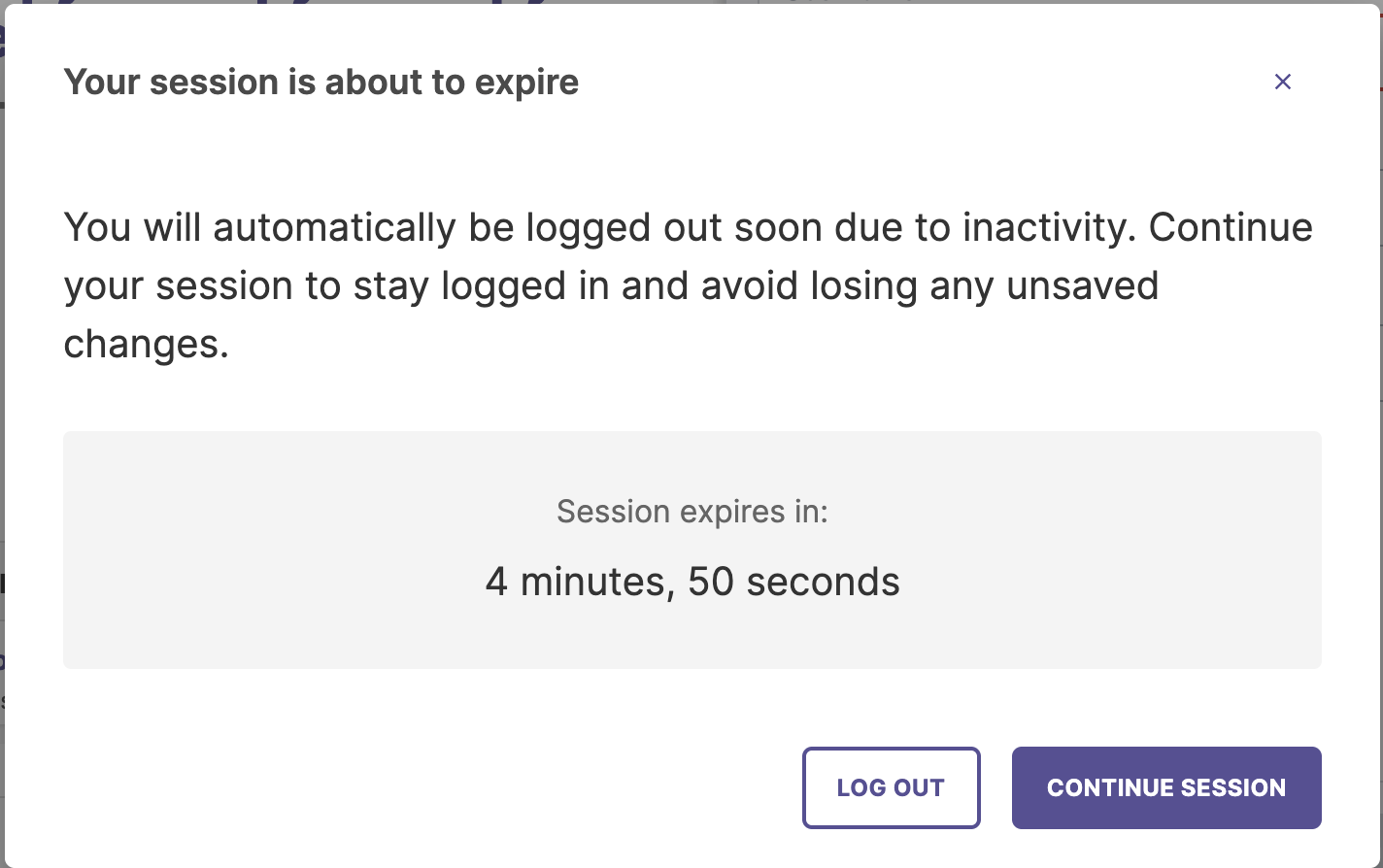 A pop-up alert  showing the 'Continue Session' option for a session that is about to expire.