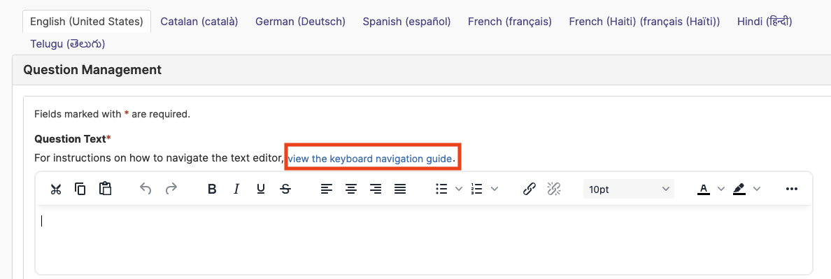 The Question Management window highlighting the 'View the keyboard navigation guide' option.