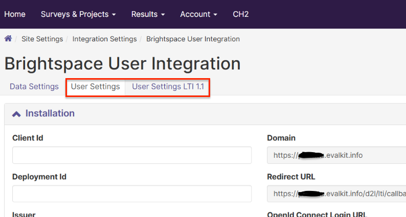 The Brightspace User Integration window highlighting the 'User Settings' and 'User Settings LTI 1.1' tabs.