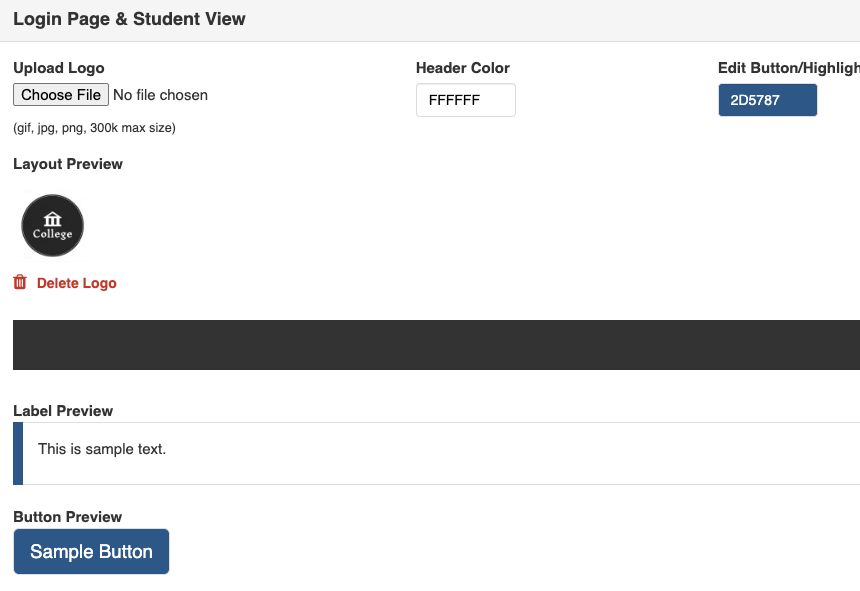 The Login Page and Student View window showing the options for uploading logo, header color, layout preview, label preview, and sample button.