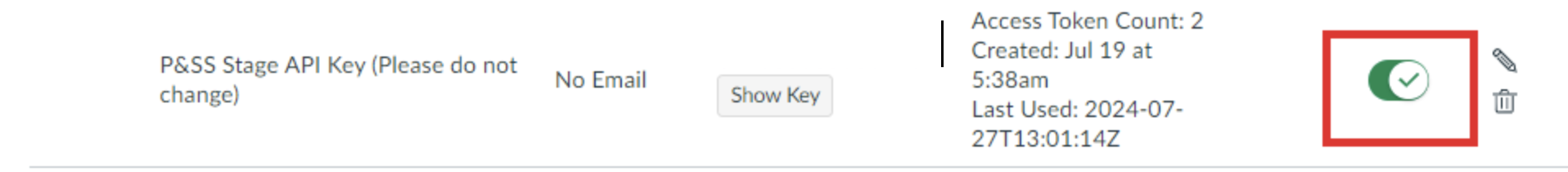 The API Key entry showing key name with No Email label, Show Key button, access token count with created and last‑used timestamps, and status toggle switched on with edit and delete icons.