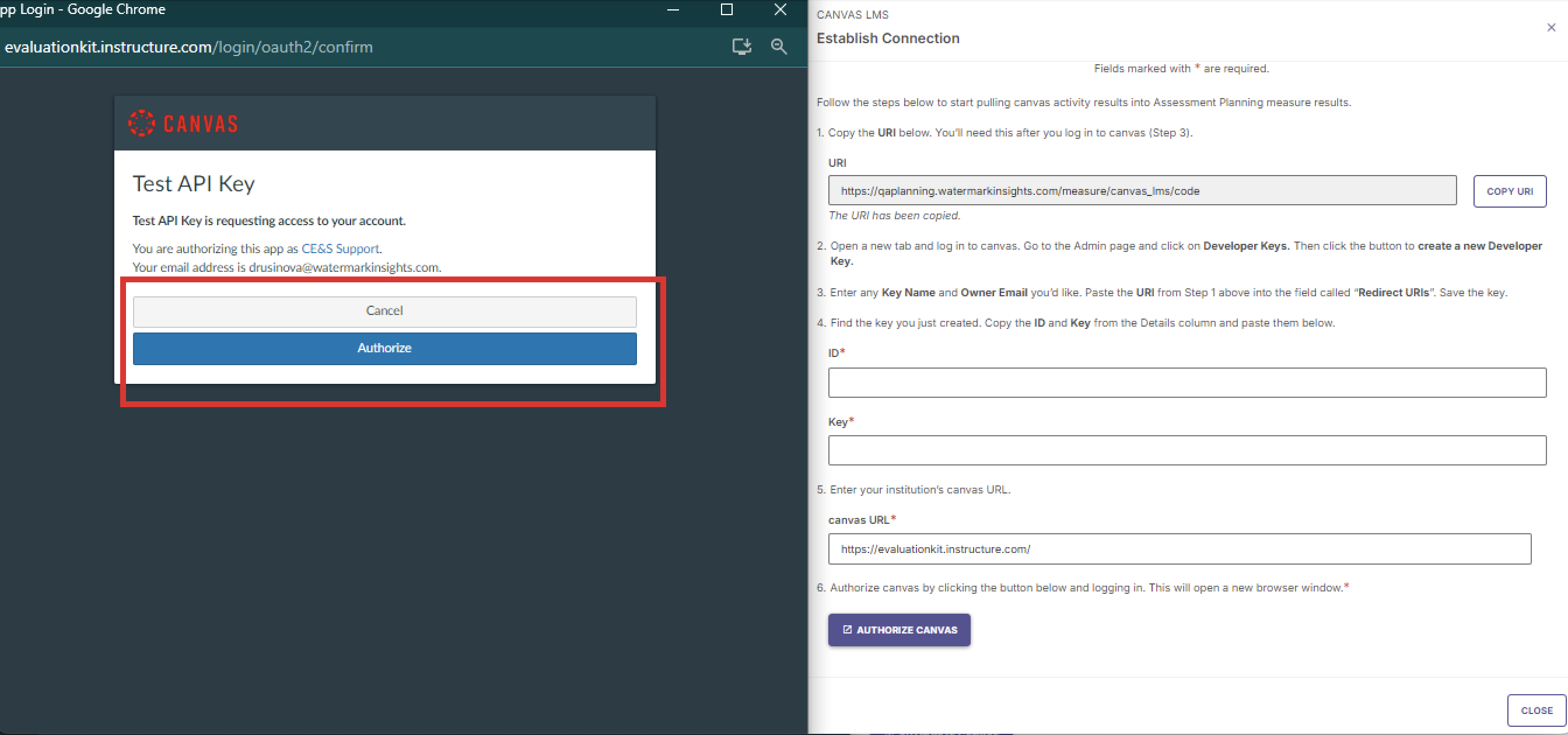 The Canvas authorization window showing Cancel and Authorize buttons highlighted next to Canvas LMS Establish Connection page displaying URI, ID, Key, canvas URL fields, Authorize Canvas button, and Close button.