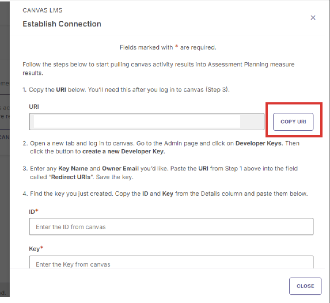The Canvas LMS Establish Connection page showing URI field with Copy URI button, followed by ID and Key fields with instructions and Close button at bottom.