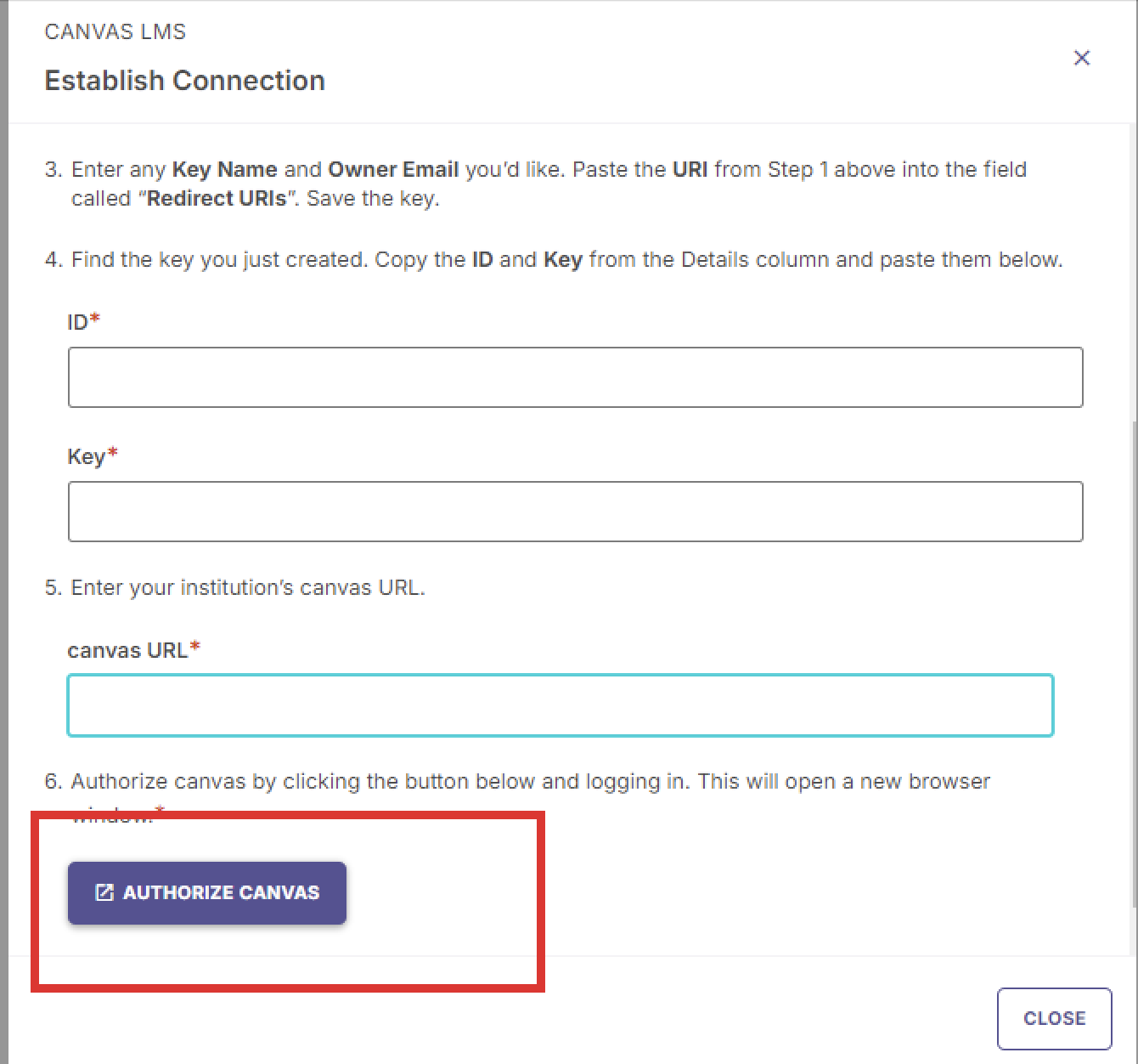 The Canvas LMS Establish Connection panel showing Authorize Canvas button highlighted below canvas URL field, with Close button at bottom.