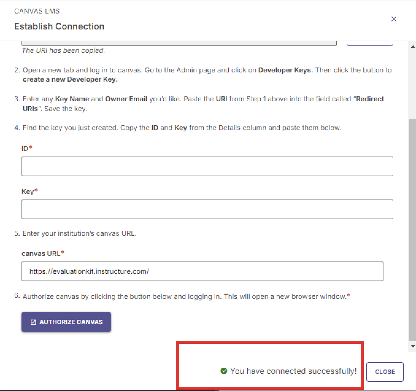 The Canvas LMS Establish Connection panel showing canvas URL entered and success message stating You have connected successfully, with Authorize Canvas and Close buttons below.