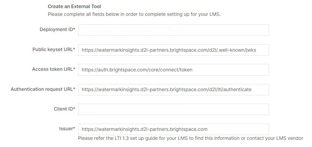 The Create an External Tool page showing fields for Client ID, Public keyset URL, Access token URL, Authentication request URL, and Issuer.