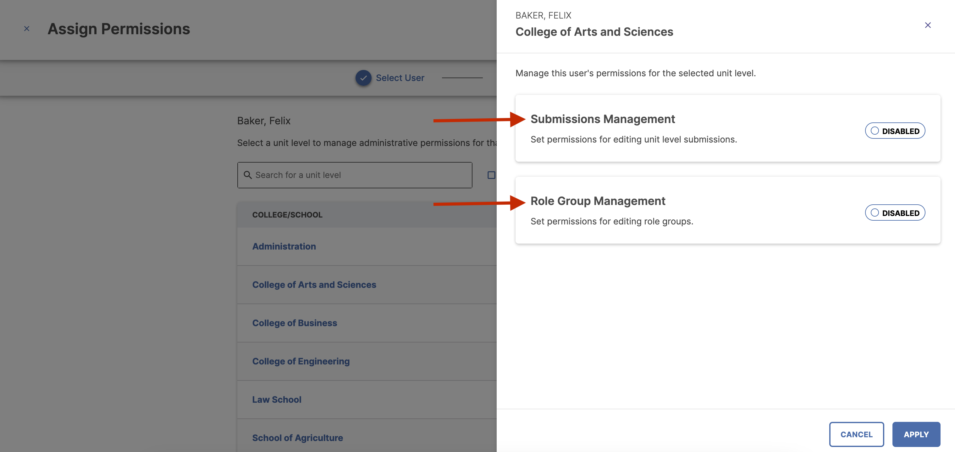 The Assign Permissions page showing College of Arts and Sciences side panel with Submissions Management toggle and Role Group Management toggle. Submissions Management option highlighted and Role Group Management option highlighted. Cancel and Apply buttons showing at bottom right.