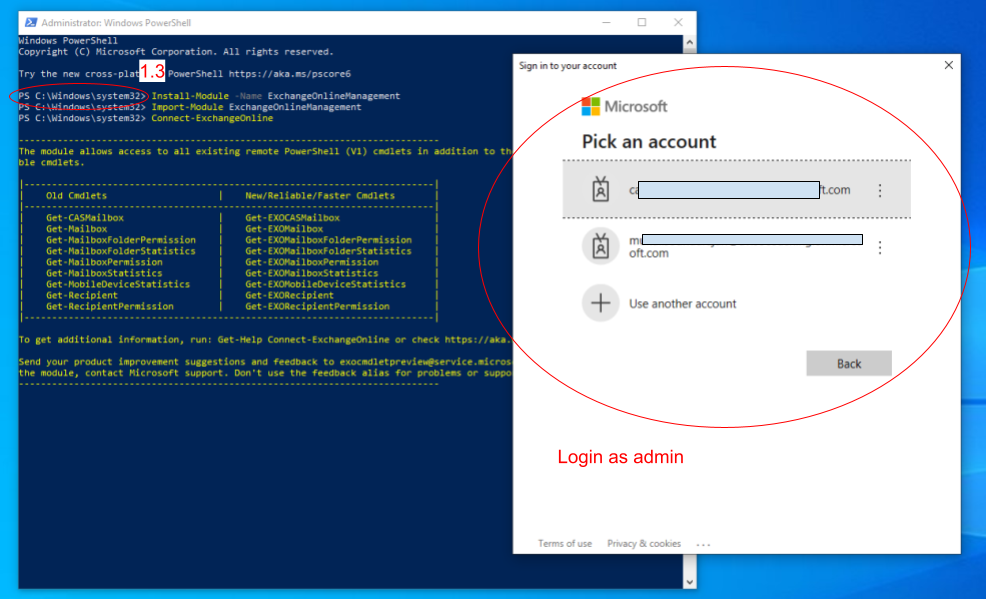The PowerShell window on the left showing commands running, and a Microsoft sign‑in prompt on the right. The sign‑in area is highlighted, showing account options for logging in as admin.