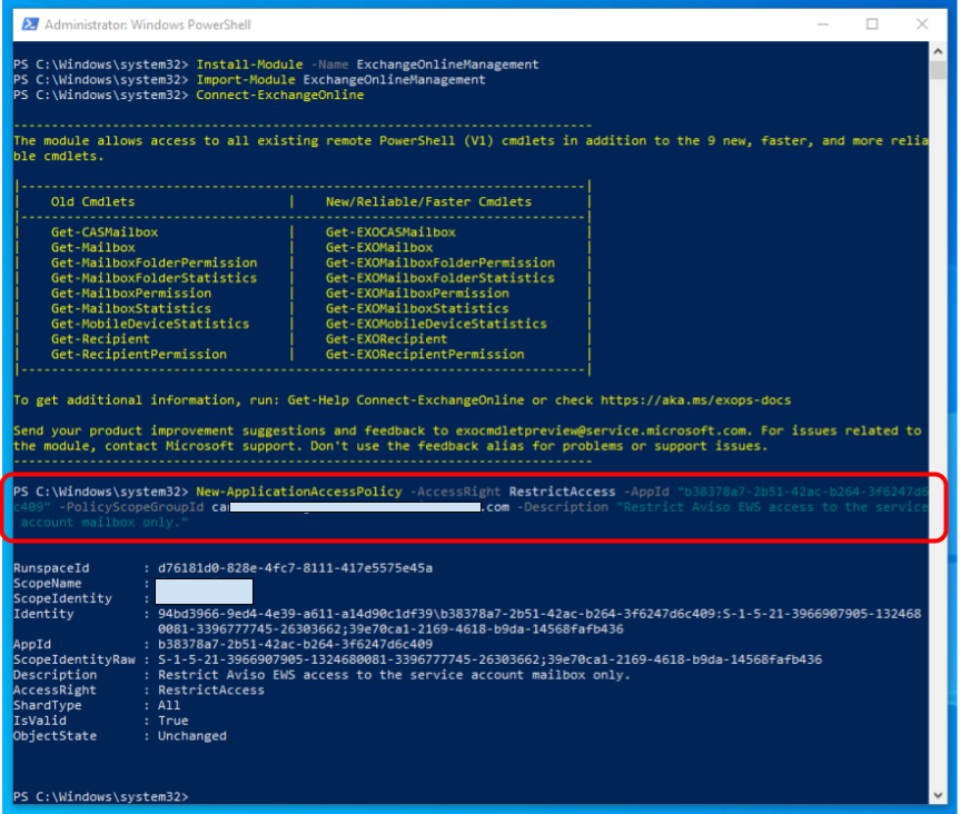 The PowerShell window showing various Exchange Online commands running, with a specific command near the bottom highlighted. The output below the highlighted command is showing details returned by the executed policy command.