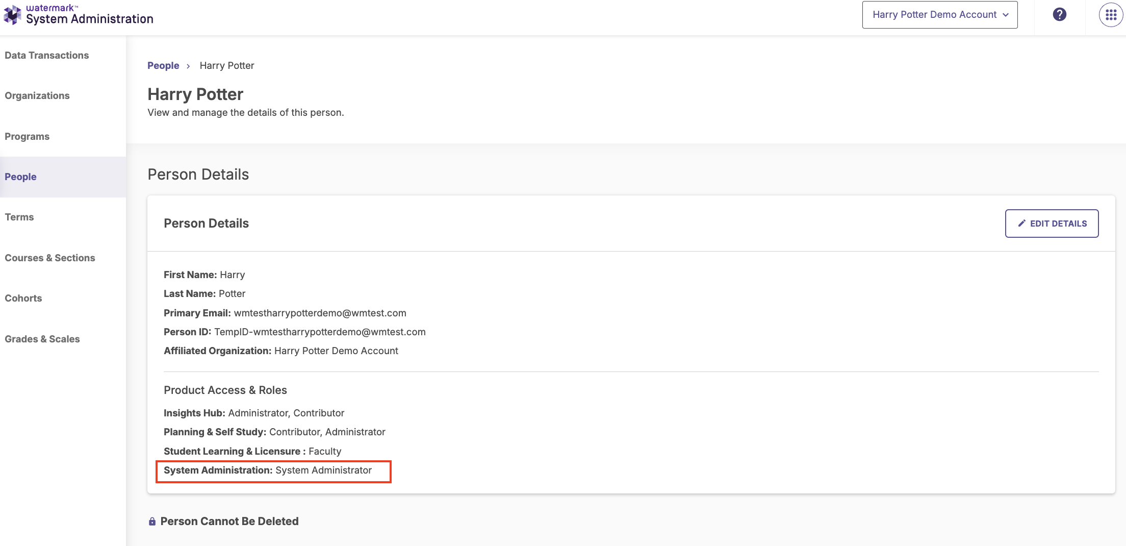 The System Administration page showing Harry Potter's person details with the 'System Administrator role' highlighted.