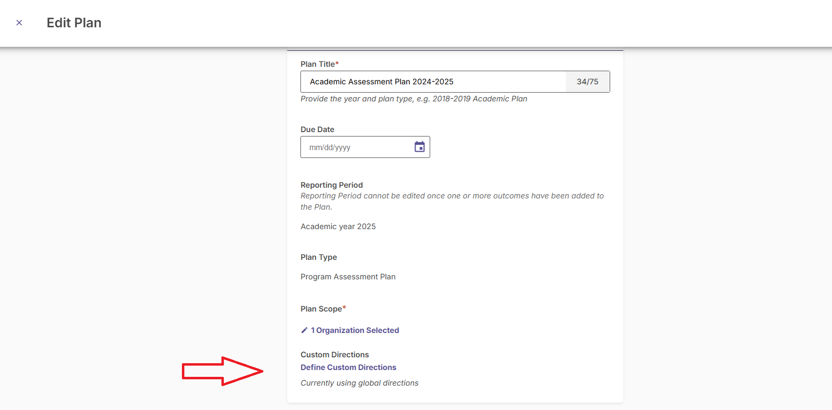 The Edit Plan page showing plan details and highlighting the Custom Directions section.