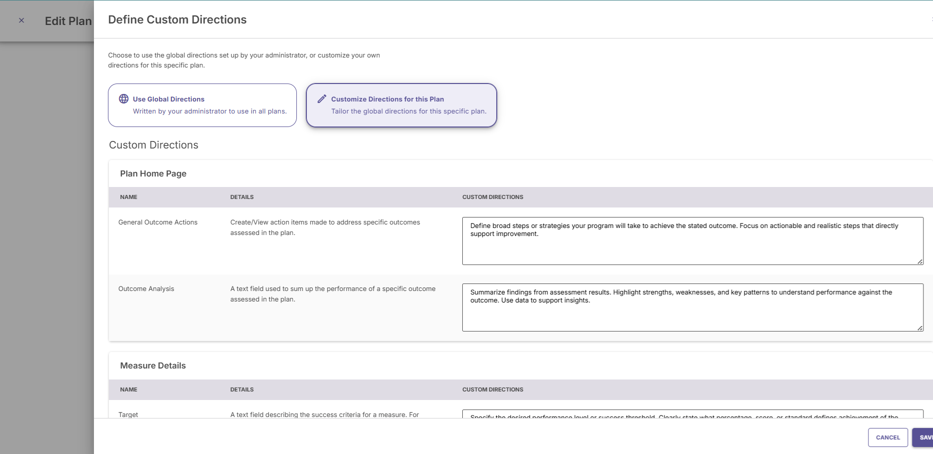 The Edit Plan tab showing the Define Custom Directions page, highlighting the 'Directions for this Plan' option.