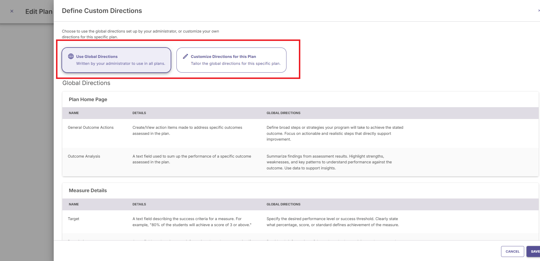 The Edit Plan tab showing the Define Custom Directions page, highlighting the 'Use Global Directions' and 'Customize Directions for this Plan' options. 