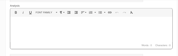 The Analysis editor showing a blank text field with formatting toolbar.